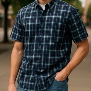 👛 (ANY 2/$20) GEORGE Relaxed Fit Short Sleeve 2 Tone Blue Plaid Shirt